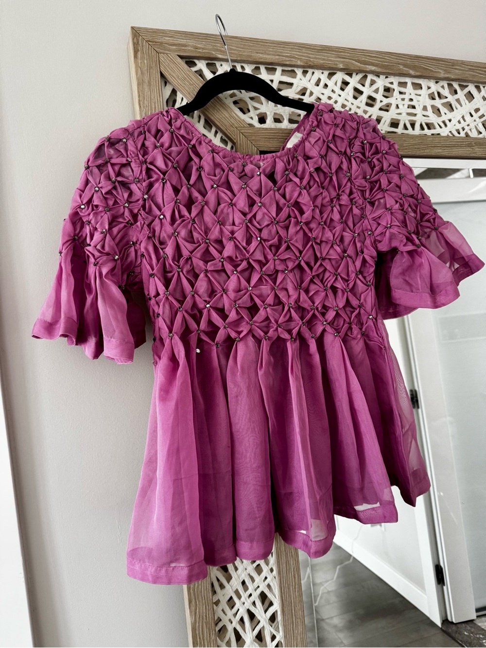 Maeve Anthropologie pink smocked crystal embellished flutter sleeve peplum top